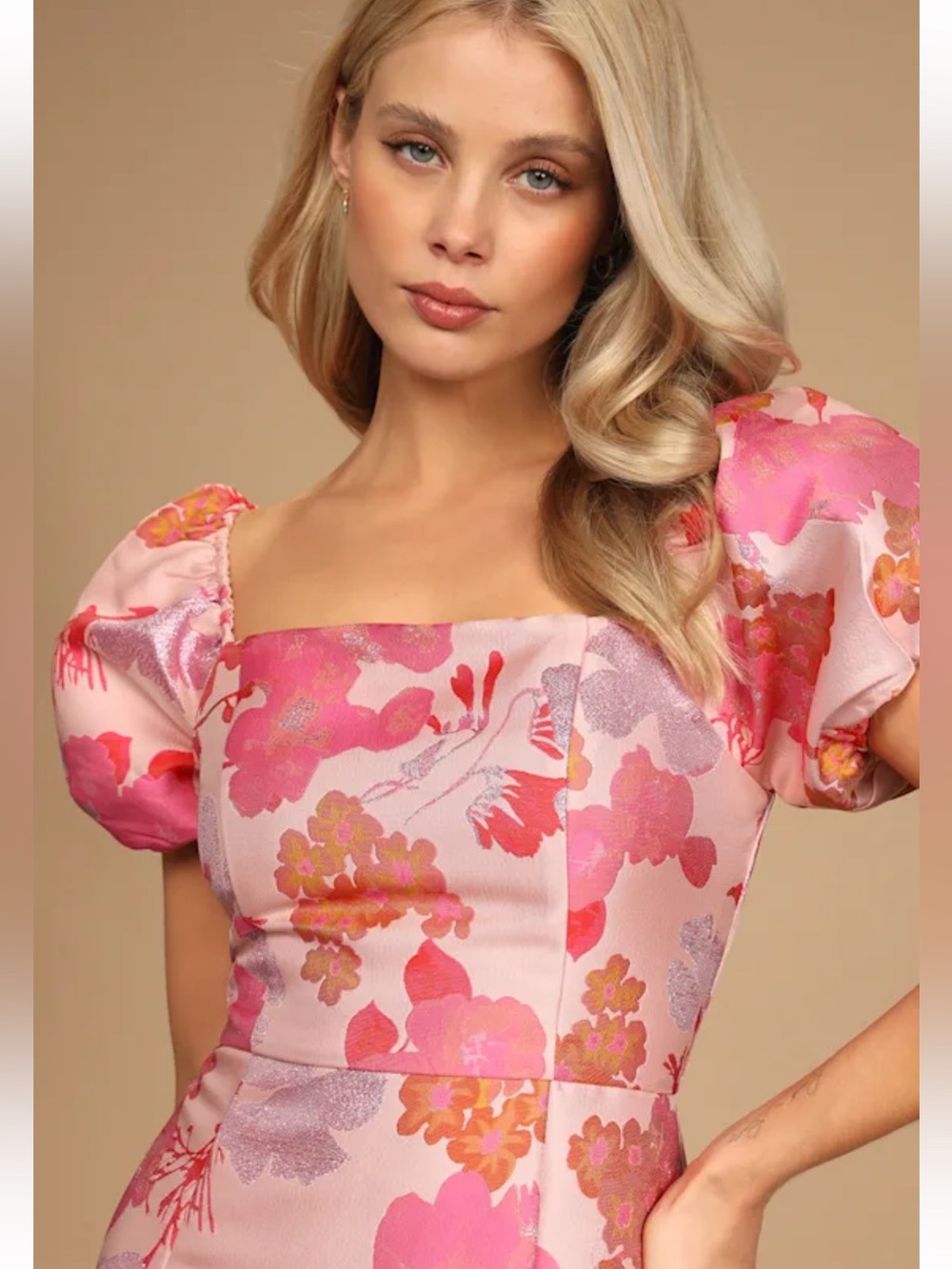 NWT Lulu's Pink & Coral Floral Puff-Sleeve Mini Dress - Picture 3 of 11